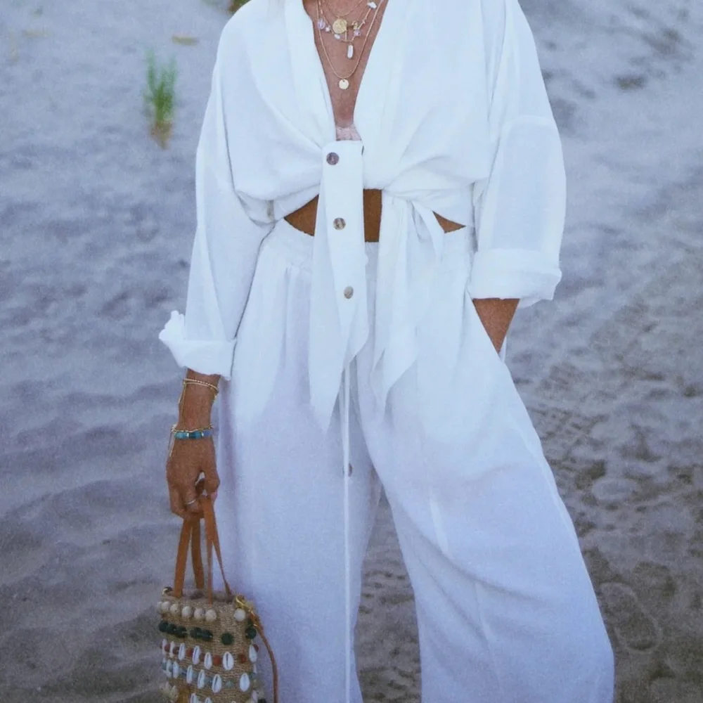 Timeless & classy essential button down & wide leg pants. Worn for 1 hour only. - Picture 3 of 9